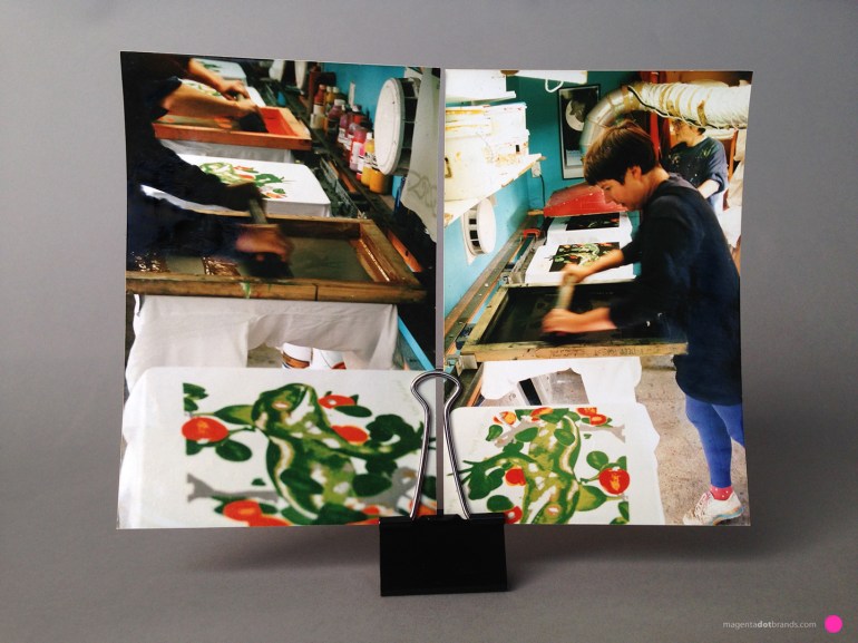 Jewelled Gecko 8 colour print - Chrissie hand screenprinting the 8th colour