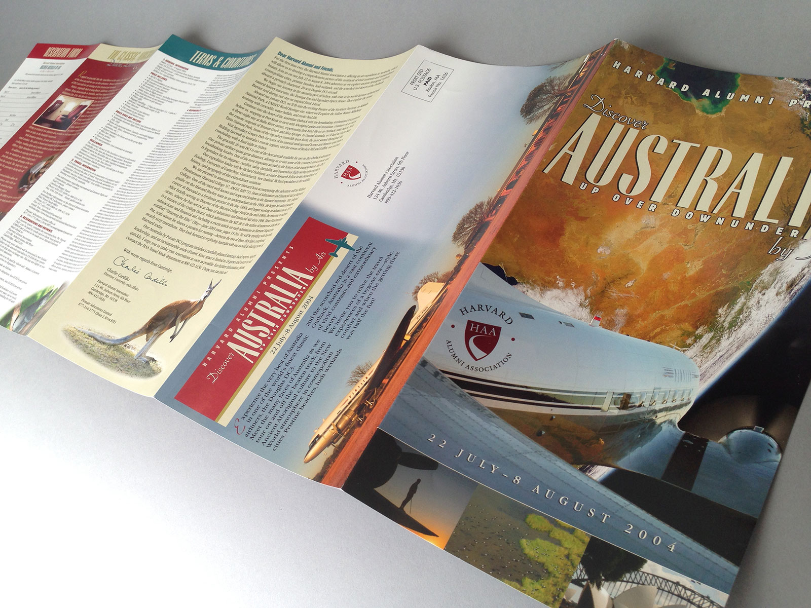Pionair / Harvard Alumni Association ‘Discover Australia by air’ rollover 12-page brochure, front cover and outside six pages spread out flat.
