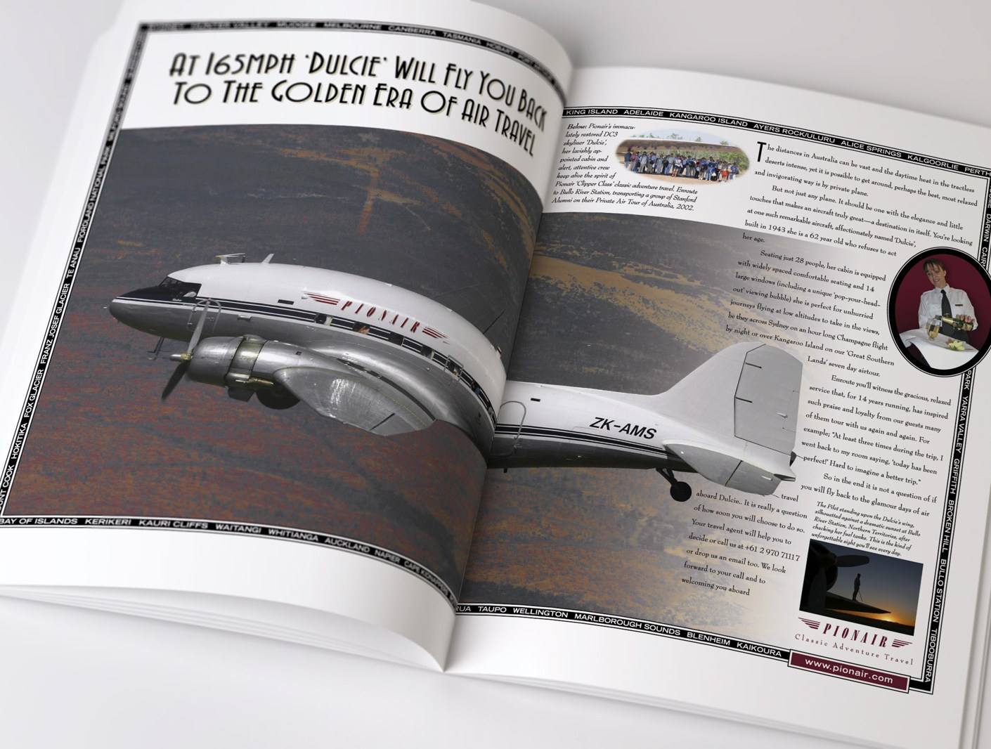 Pionair, “At 165mph ‘Dulcie’ will fly you back to the Golden Era of Air Travel” Golden Era of Air Travel / Circumnavigation of Australia by Classic DC3 Airtour double page magazine advertisement. The first ad in a 3 ad campaign.