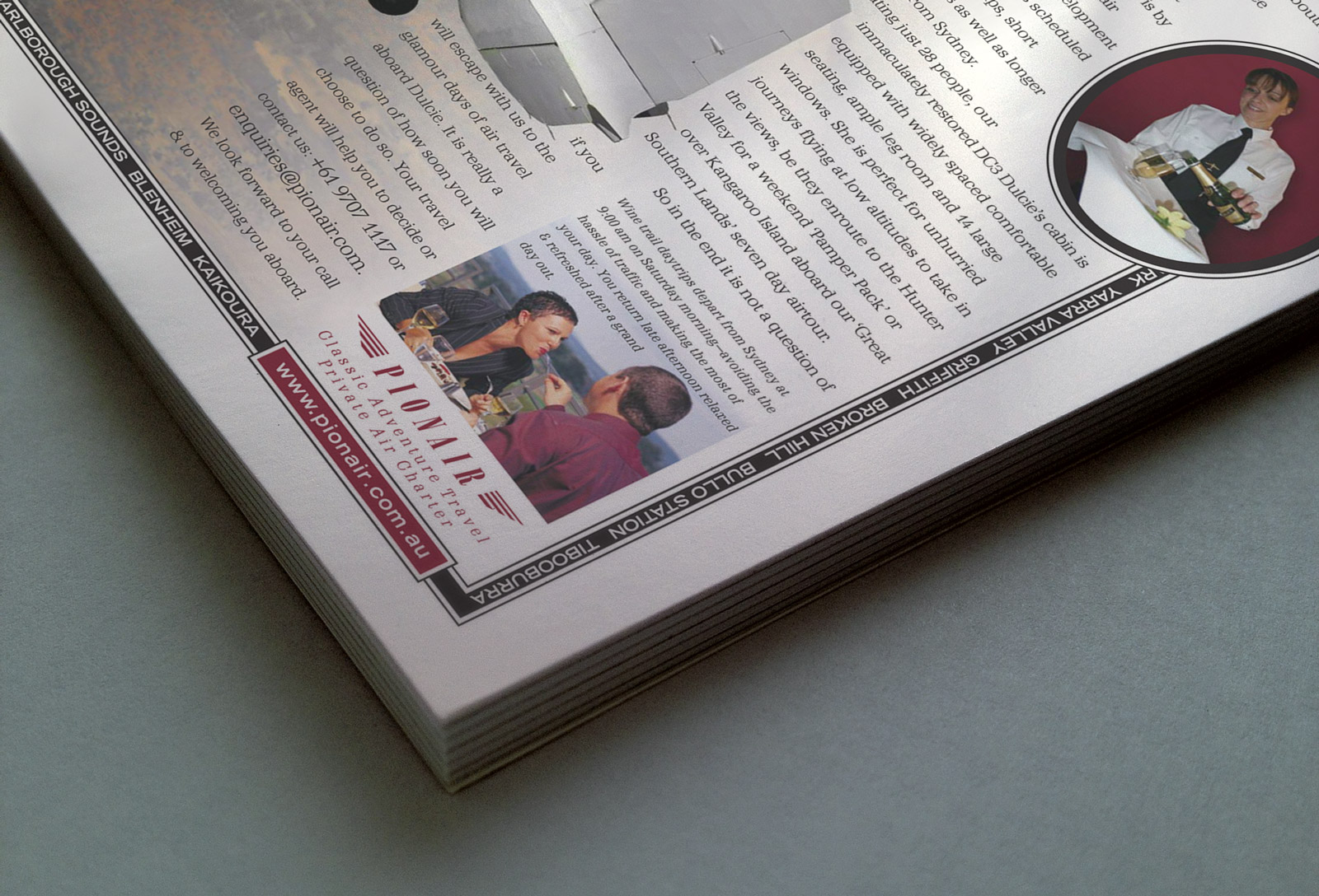 Close-up of Pionair Sydney, ‘The Grape Escape’ Classic DC3 weekend wine region getaways, ‘Weekends For 2’ magazine. Pionair ‘Golden Era of Air Travel‘ campaign theme.