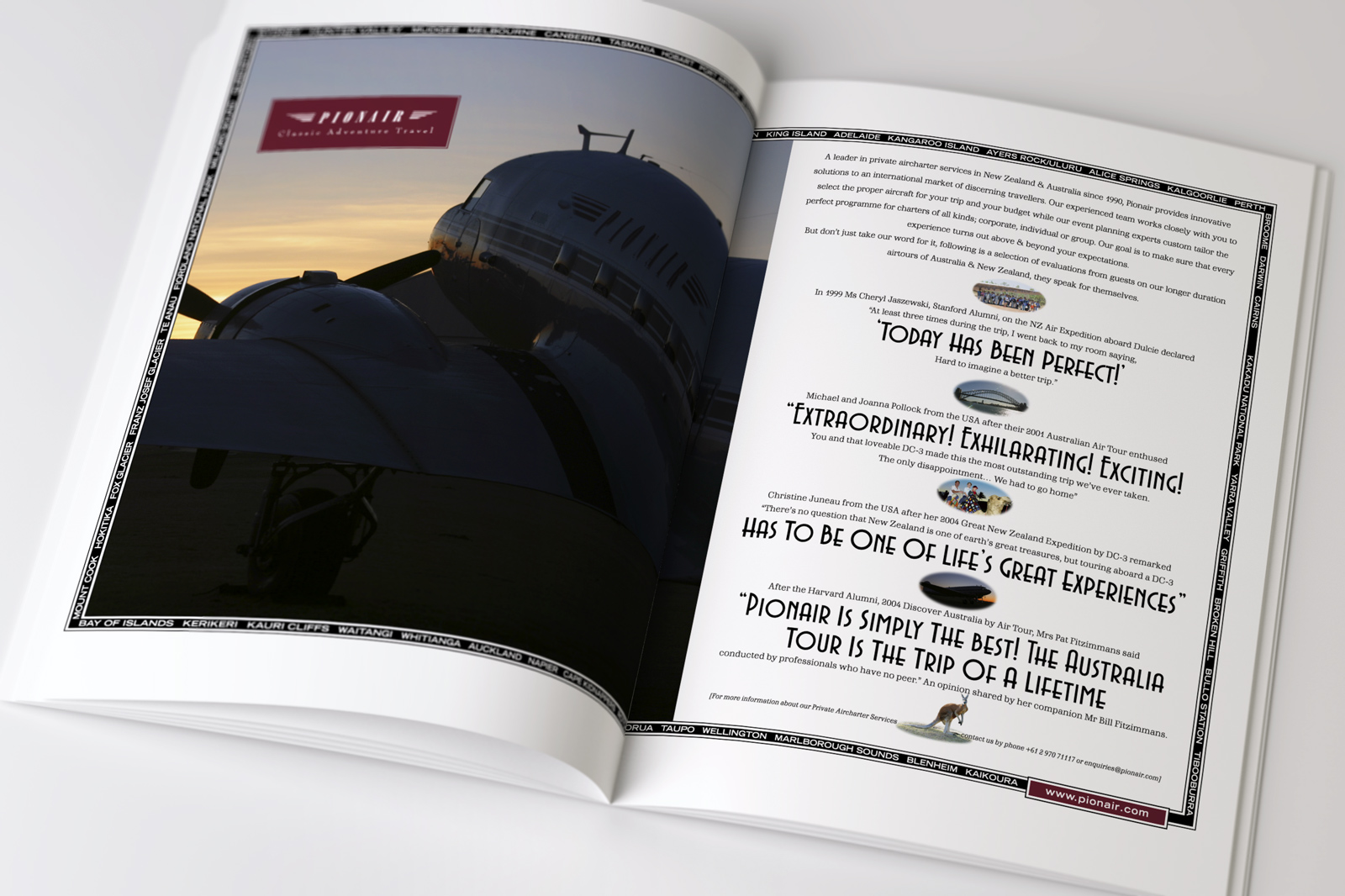 Pionair, “Today has been perfect!” Golden Era of Air Travel / Circumnavigation of Australia by Classic DC3 Airtour double page magazine advertisement. The second ad in a 3 ad campaign.