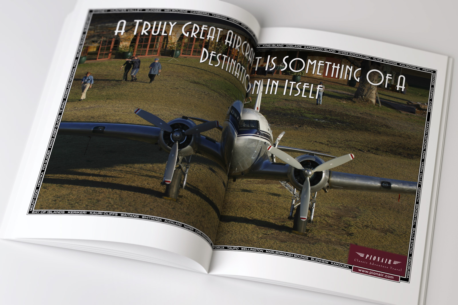 Pionair, “A Truly Great Aircraft is something of a destination in itself” Golden Era of Air Travel / Circumnavigation of Australia by Classic DC3 Airtour double page magazine advertisement. The third ad in a 3 ad campaign.
