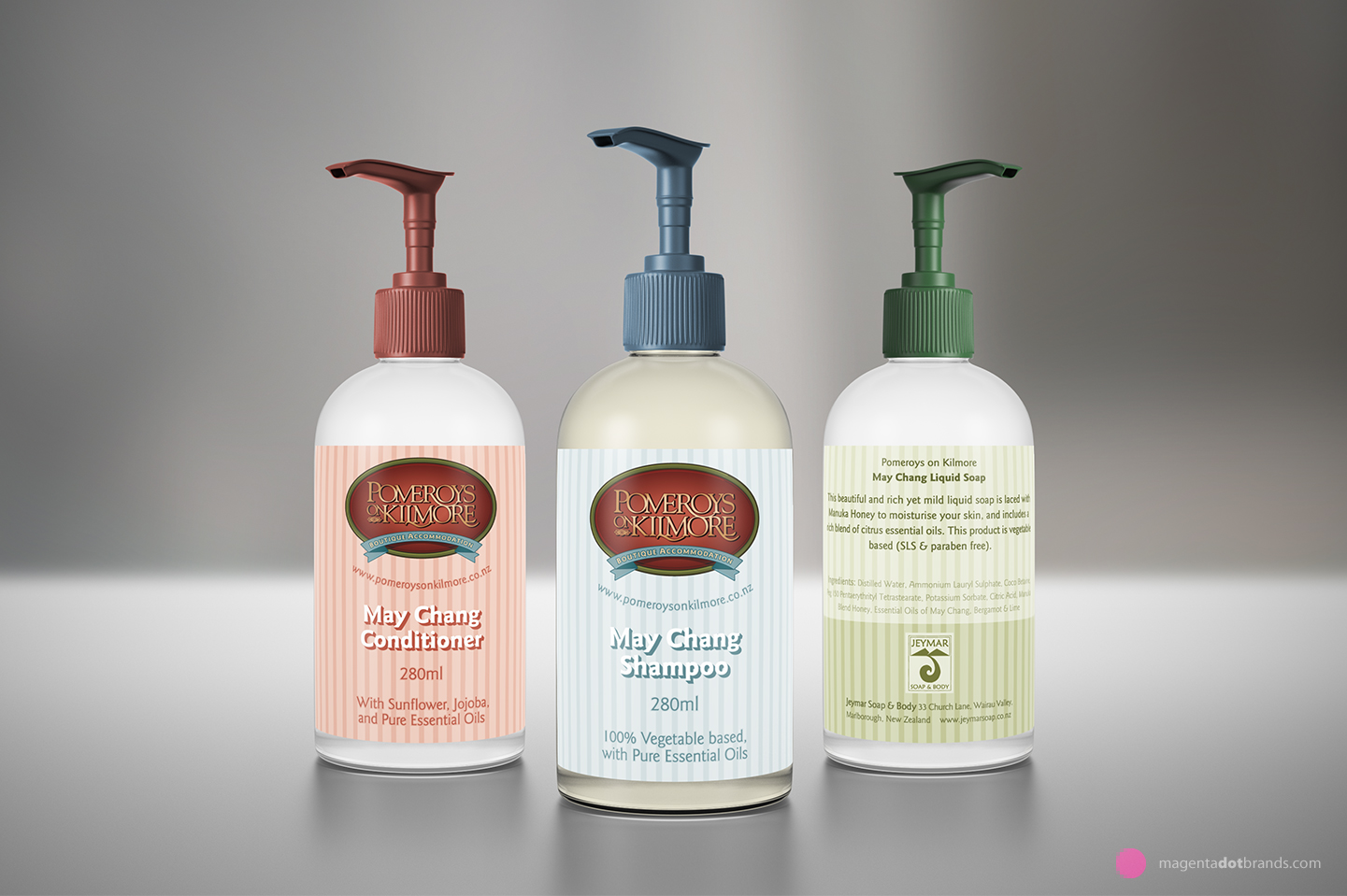 Pomeroy’s on Kilmore Boutique Accomodation custom bathroom product range packaging.