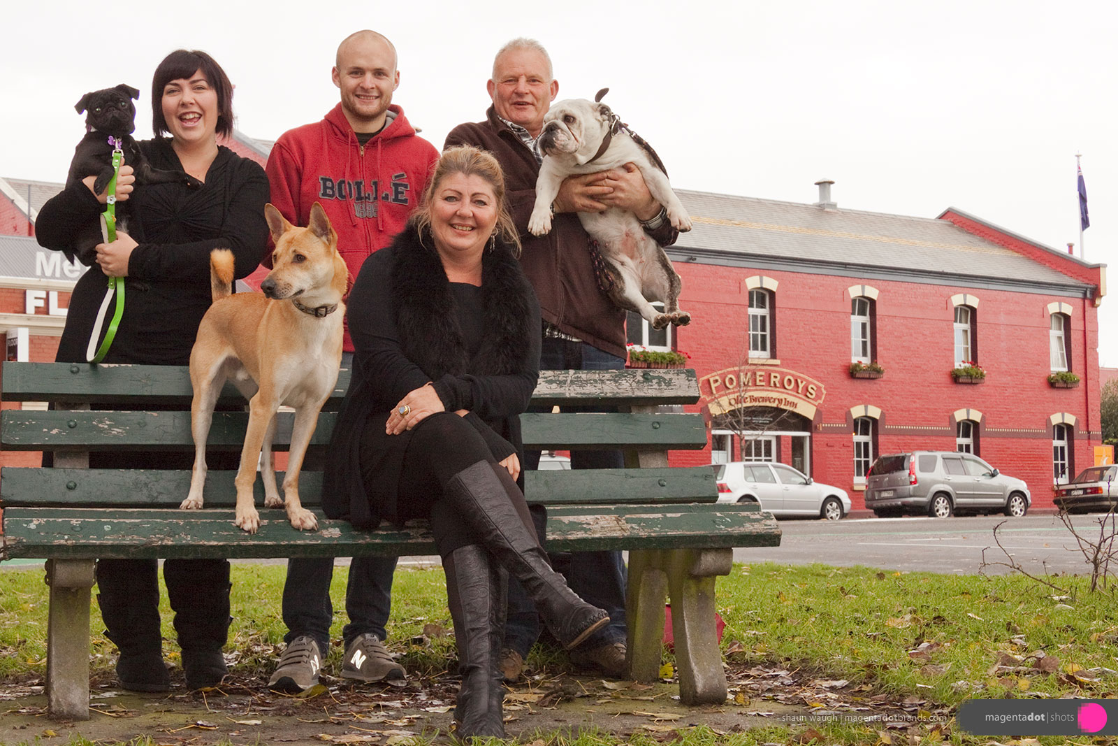 Pomeroys family portraits with their dogs across the road from pub. Clockwise L to R, Ava, Keeley, Steve and Victoria.