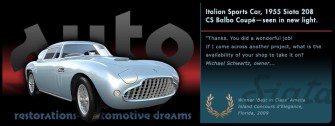 Automotive Dreams graphic, Italian Sports Car, 1955 Siata Balbo Coupe slide from the ‘Auto Restorations—automotive dreams’ slideshow
