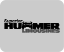 Superior Hummer Limousines letter replacement logo in two colours, black and dark grey on white. "Superior" is set in Javelin a joined-up slab serif italic font inspired 50s automobile badging, positioned above and left of Hummer which is set in all-caps. The first "M" in hummer is replaced by a line drawing of the front elevation of the Hummer. Hummer and Limousines words both set all caps in custom modified Antique Olive Nord font, horizontally extended consistent with Hummer branding. "Superior Hummer" are black, Limousines is dark grey, tucked in below Hummer, aligned right. Brands for New Zealand companies, Christchurch New Zealand.