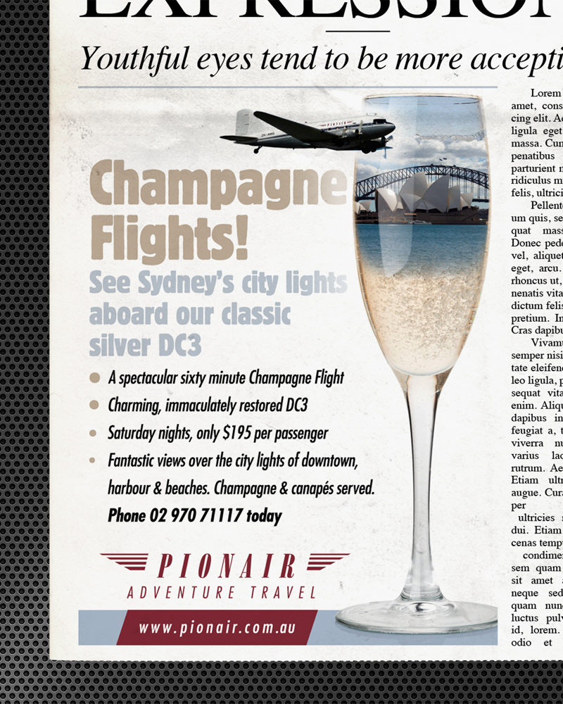 Champagne Flights! See Sydney’s city lights aboard our classic silver DC3. Classic DC3 Airliner ‘Golden Era of Air Travel‘ campaign theme. Pionair Australia, Sydney. Full colour newspaper small advertisment.