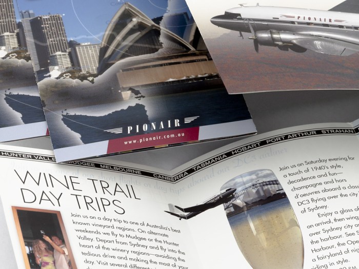 Pionair Australia, Classic DC3 aviation, Sydney & Beyond, 4-panel, gate-fold, DLE tourism brochure