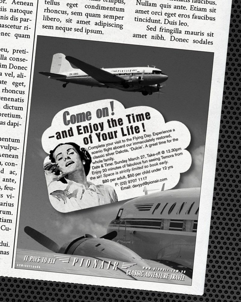 Temora Flying Days Newspaper advertisement. Classic DC3 Airliner ‘Golden Era of Air Travel‘ campaign theme. Pionair Australia, Sydney. Black & white newspaper small advertisment.