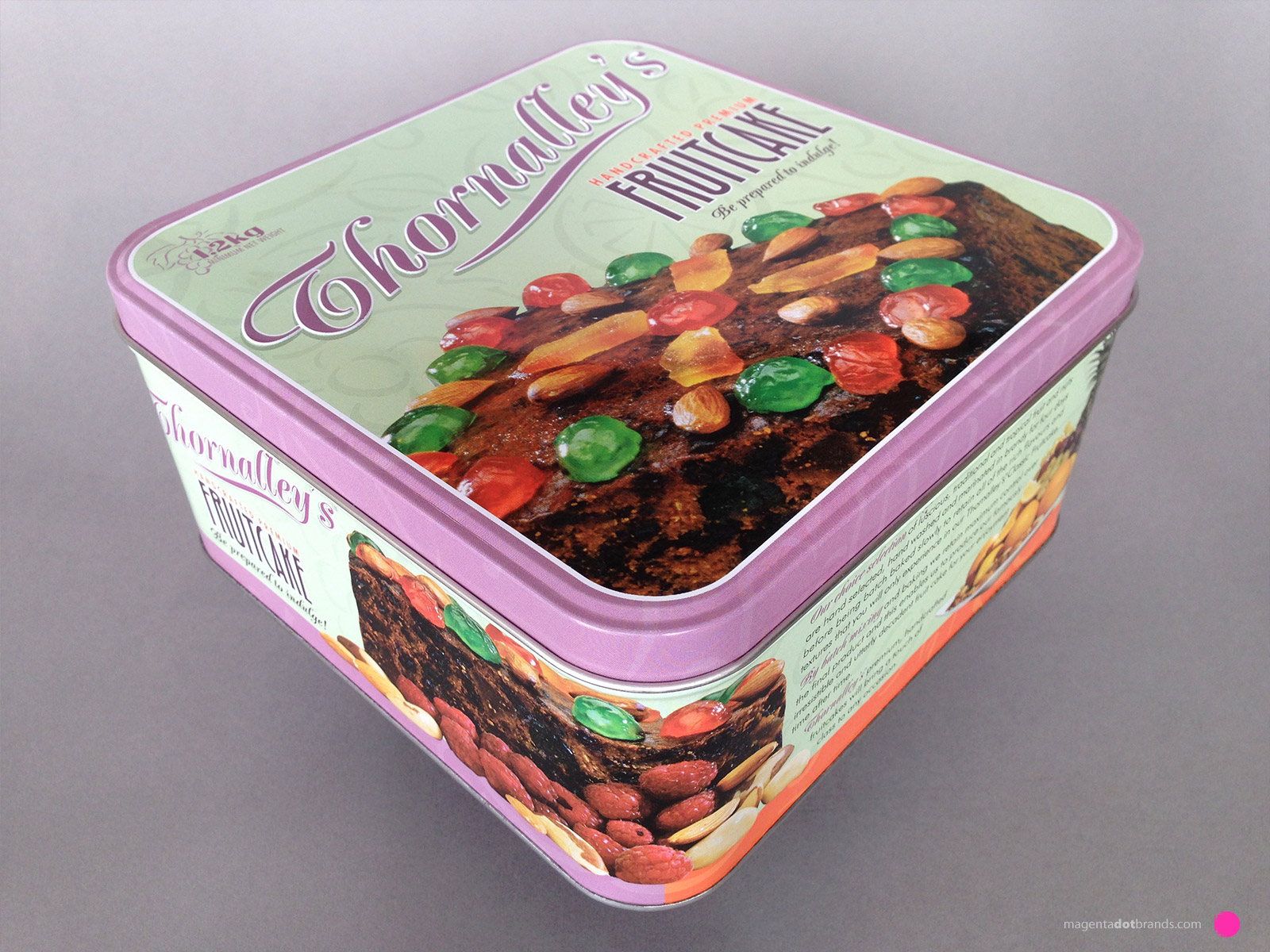 Thornalley’s Handcrafted Premium Fruitcake. Be prepared to indulge! Full colour printed metal tin.