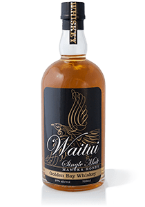 Bottle of Waitui Single Malt Manuka Honey Whiskey from Golden Bay, packaging design, illustrated logo, calligraphy, bottle on white background, consumer product, brands for New Zealand companies, brand naming, product renaming, rebranding for growth