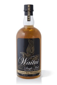 Waitui Single Malt Manuka Honey Golden Bay Whiskey packaging label. Small batch Whiskey, barrel aged 4 years. Hand crafted in Takaka, New Zealand.