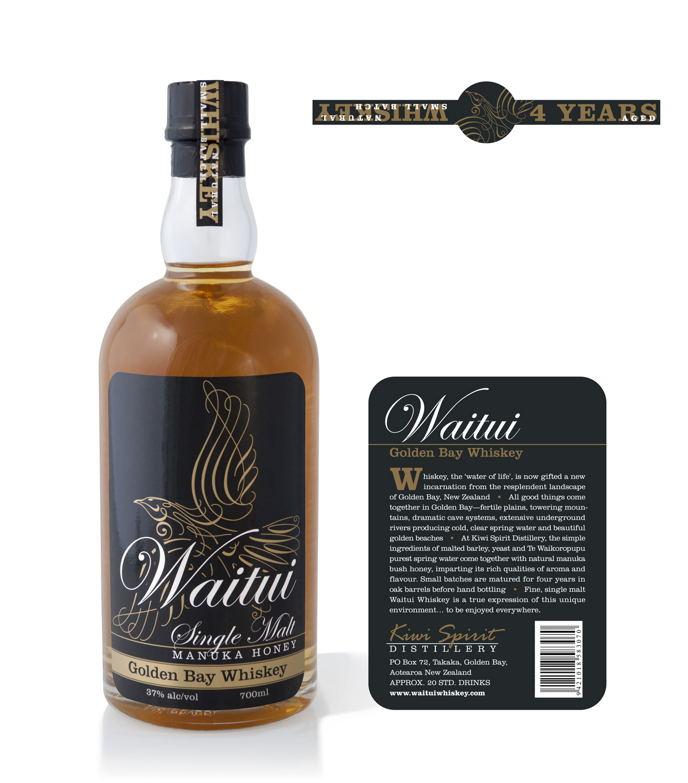 Waitui Single Malt Manuka Honey Golden Bay Whiskey full packaging label system, front, back and top. Waitui is a small batch Whiskey, barrel aged 4 years. Hand crafted in Takaka, New Zealand.