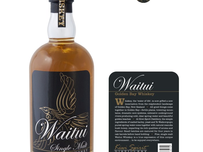 Waitui Single Malt Manuka Honey Golden Bay Whiskey full packaging label system, front, back and top. Waitui is a small batch Whiskey, barrel aged 4 years. Hand crafted in Takaka, New Zealand.