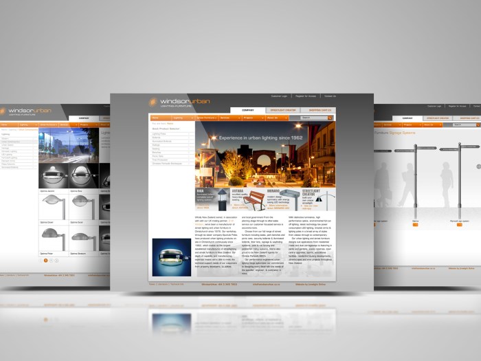 Windsor-Urban web design showcase, three pages from the site displayed in an overlapping composition.