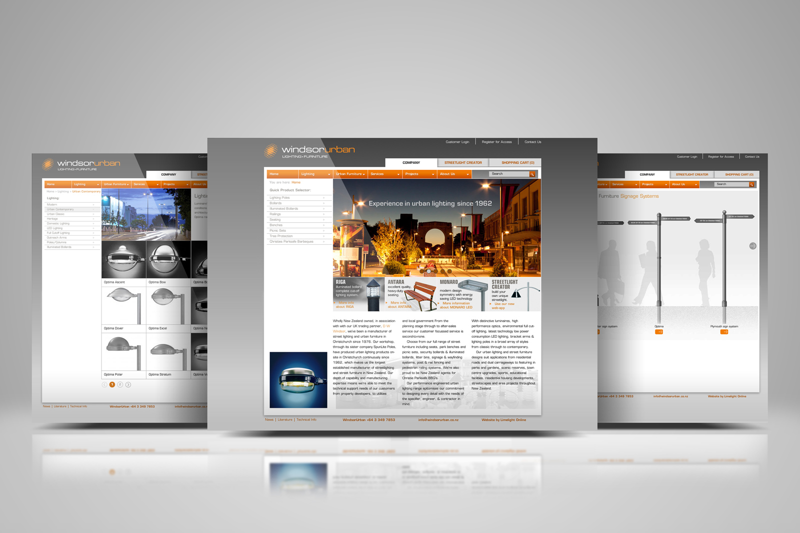Windsor-Urban web design showcase, three pages from the site displayed in an overlapping composition.