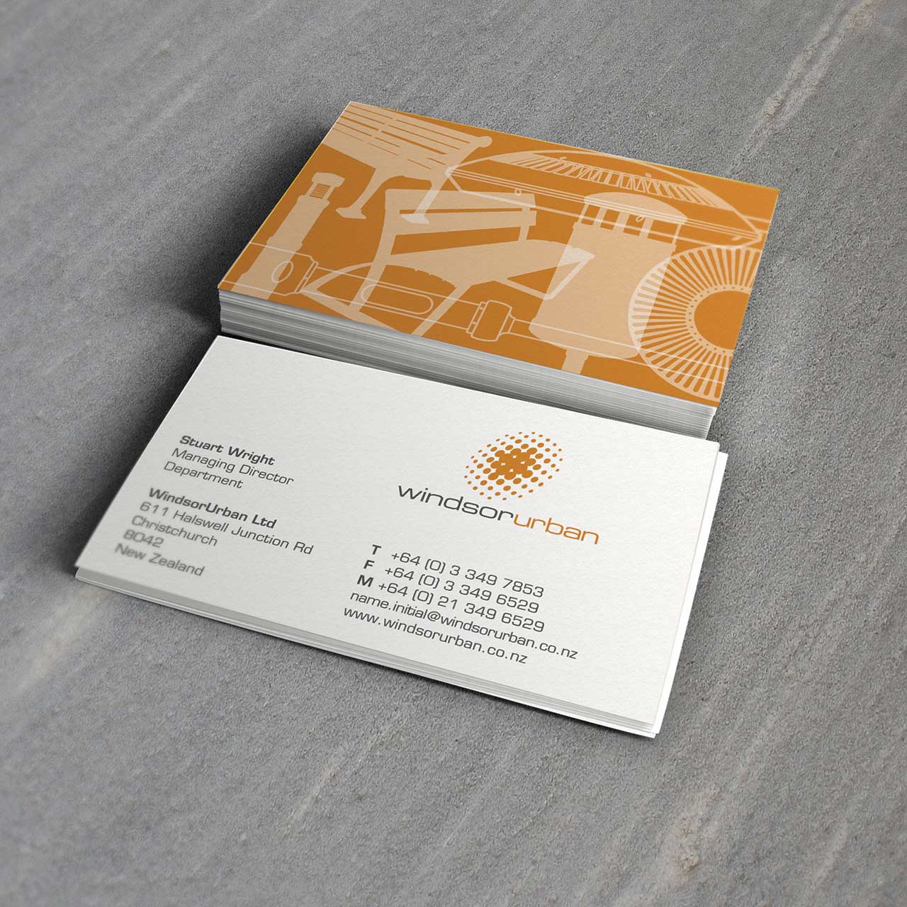 Windsor Urban logo and business cards close-up of the two-sided design