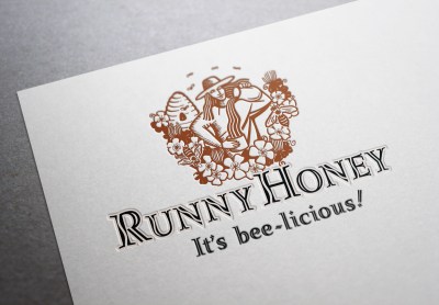 Runny Honey symbol and type logo, product name and positioning statement “It’s bee-licious”. A stylized line illustration of a woman apiarist set amongst a beehive, clover and bees pours Runny Honey from a jug into a honey jar. The "S" curve of the poured honey is echoed in the ascenders of the incised handlettering of the company name. Trademark and packaging label for a range of honey, and other bee products, for apiarist training and consultancy. Brands for New Zealand companies.