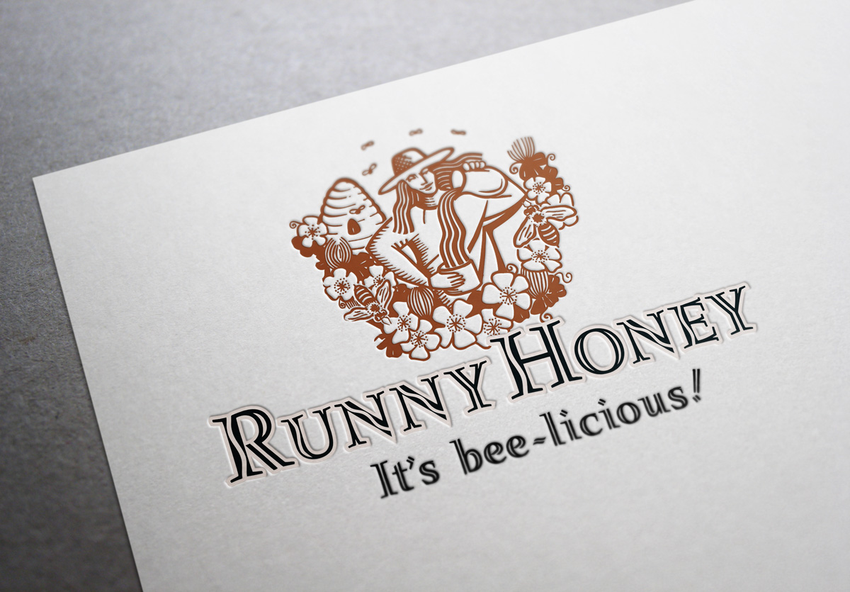 Runny Honey symbol and type logo, product name and positioning statement “It’s bee-licious”. A stylized line illustration of a woman apiarist set amongst a beehive, clover and bees pours Runny Honey from a jug into a honey jar. The "S" curve of the poured honey is echoed in the ascenders of the incised handlettering of the company name. Trademark and packaging label for a range of honey, and other bee products, for apiarist training and consultancy. Brands for New Zealand companies.