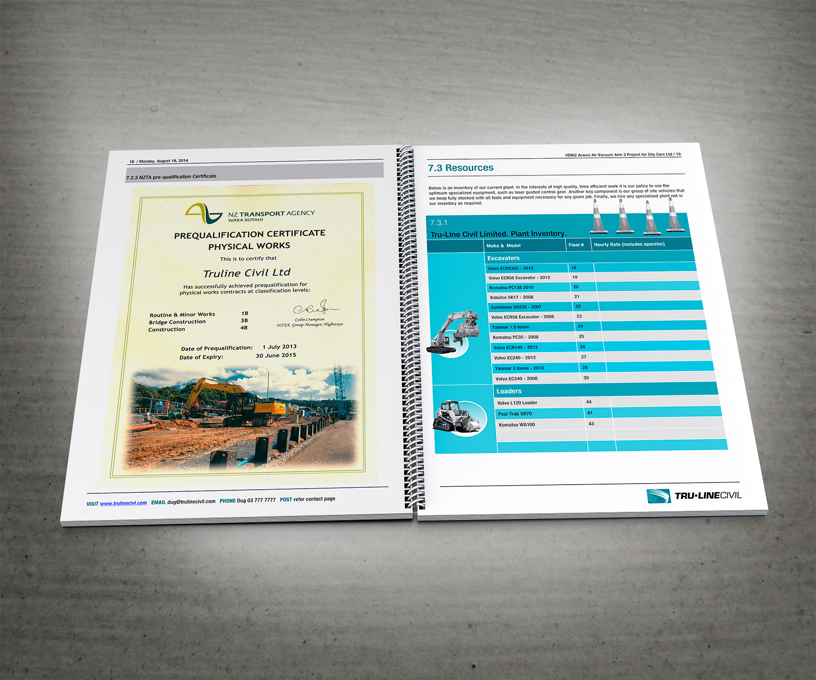 Spread from custom Word Document template designed for Tru-Line Civil, used for preparing contract tender bids.