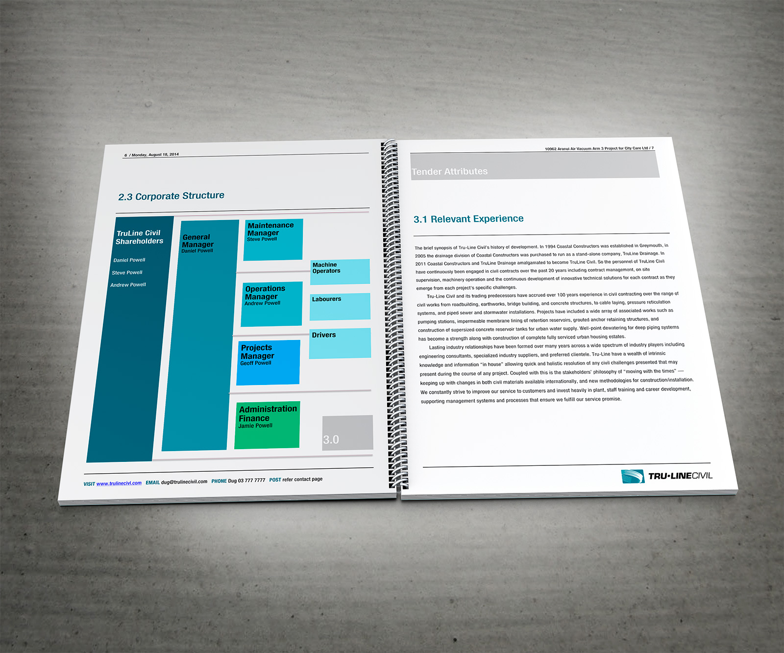 Spread from custom Word Document template designed for Tru-Line Civil, used for preparing contract tender bids.