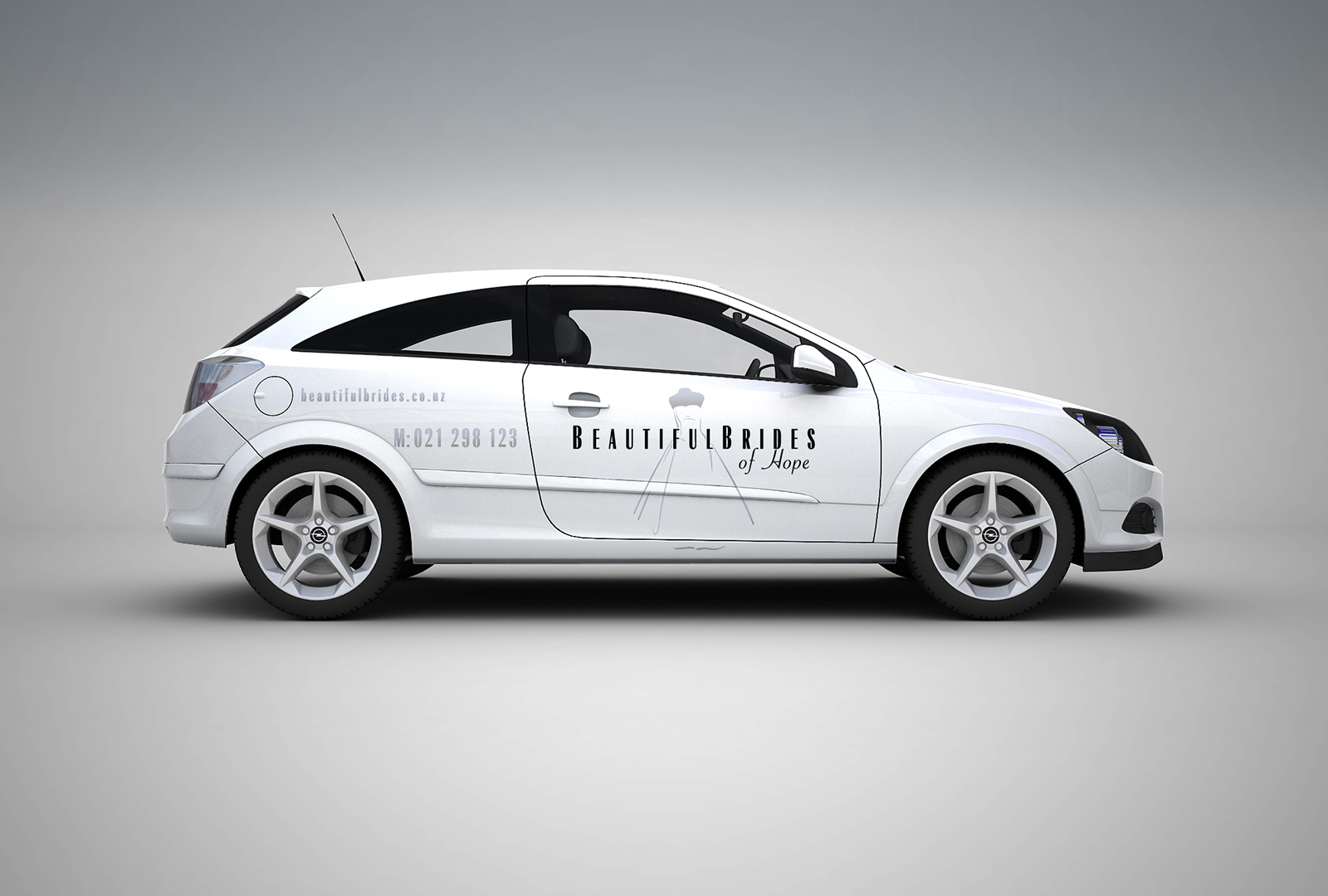 Company car, vehicle livery signage. Beautiful Brides of Hope Bridal Couture. 2 colour cut vinyl, reflective metallic silver foil and black. For Beautiful Brides of Hope bridal couture. Client; Hope, Nelson, New Zealand. Graphic design, logo design, branding, Christchurch, New Zealand.