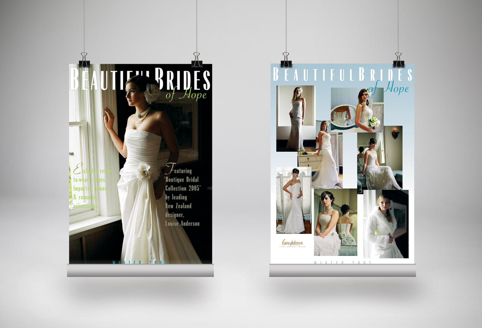 Set of three Beautiful Brides of Hope bridal couture instore display posters, tradeshow advertising posters in a retail showroom environment. Instore display posters, tradeshow advertising posters. Advertising and promotional design, print production. Hope, Nelson, New Zealand.