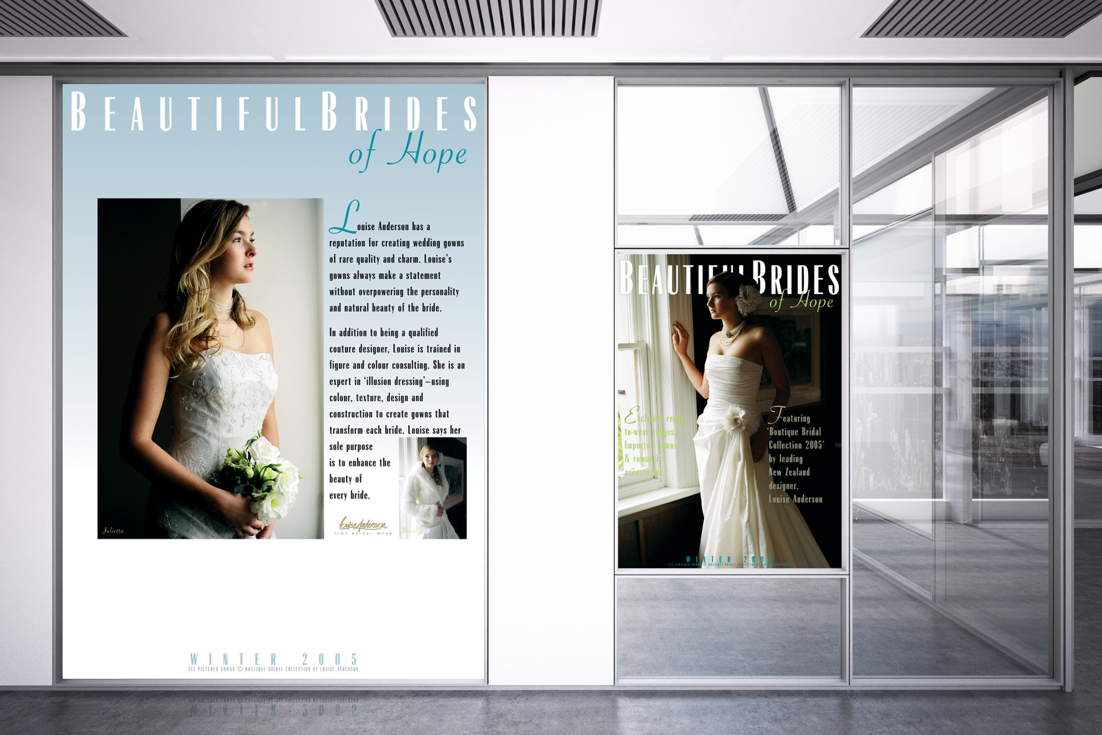 Set of three Beautiful Brides of Hope bridal couture instore display posters, tradeshow advertising posters in retail showroom environment. Advertising and promotional design, print production. Hope, Nelson, New Zealand.