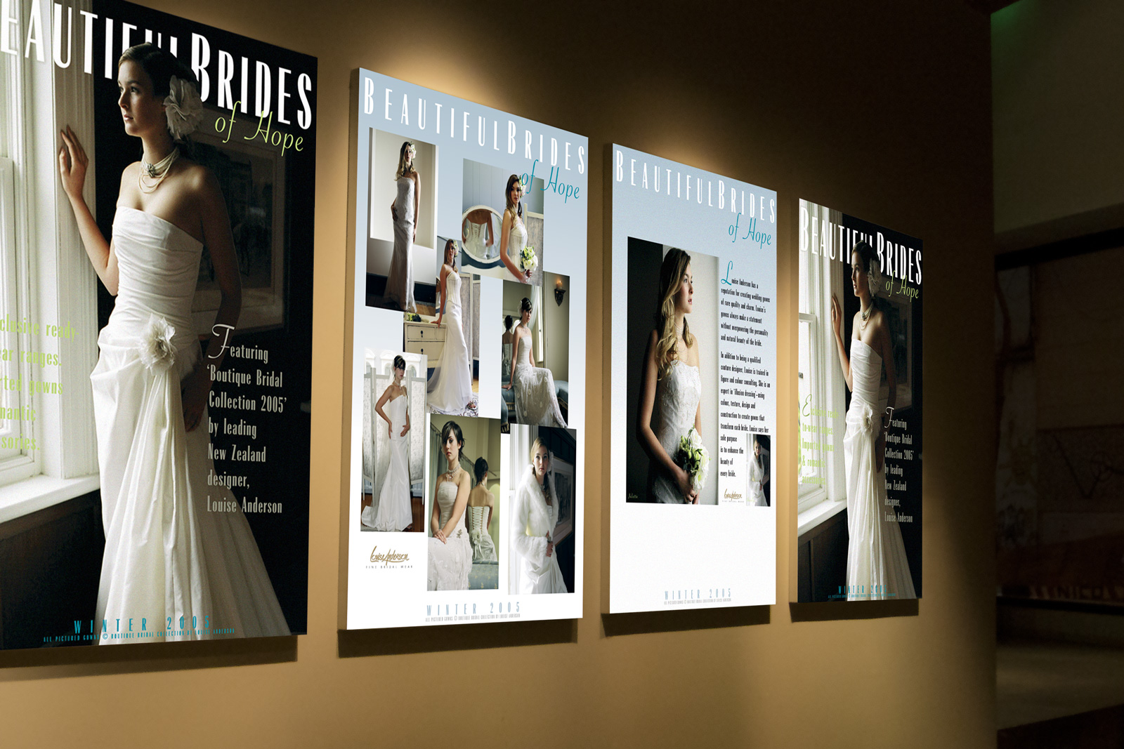 Set of three Beautiful Brides of Hope bridal couture instore display posters, tradeshow advertising posters in a retail showroom environment, tradeshow advertising posters. Advertising and promotional design, print production. Hope, Nelson, New Zealand.