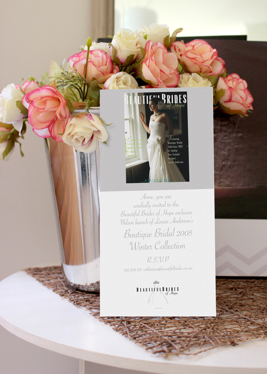 Bridal fashion event personalised invitation for Winter 2005, Beautiful Brides of Hope Boutique Bridal Winter Collection. DLE portrait format. For Beautiful Brides of Hope bridal couture. Client; Hope, Nelson, New Zealand. Graphic design, logo design, branding Christchurch, New Zealand.