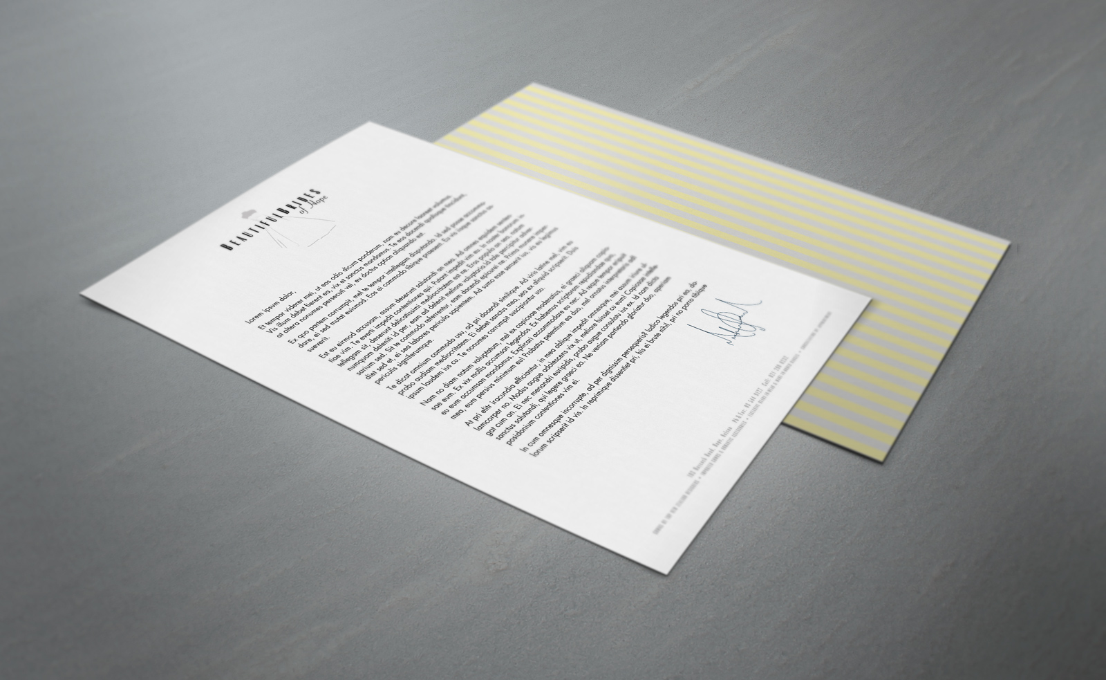 Beautiful Brides of Hope bridal couture printed letterhead, two-sided design, three colour, pastel yellow, pastel grey and black, logo symbol within and amongst type, subtle bridal striped patten on the back, Brand naming, Brand and identity systems design, Illustration, icon design, print production