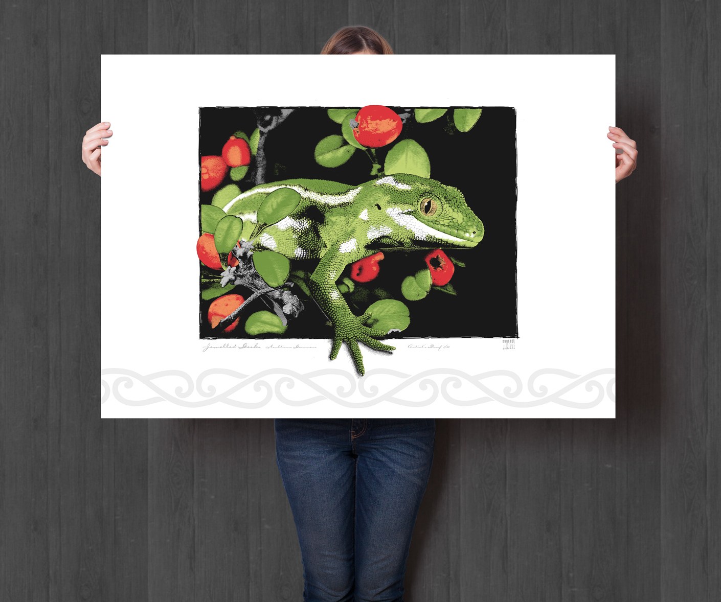 Jewelled Gecko Giclée on white background, A1 size. Illustration, New Zealand wildlife art.