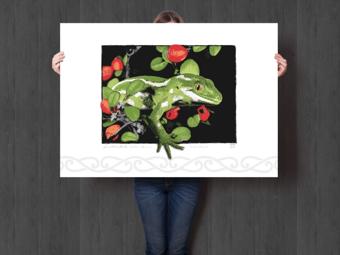 Jewelled Gecko Giclée on white background, A1 size. Illustration, New Zealand wildlife art.