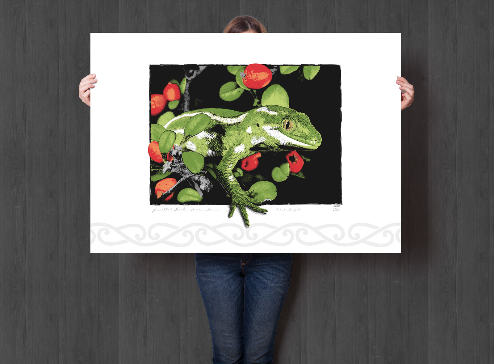 Jewelled Gecko Giclée on white background, A1 size. Illustration, New Zealand wildlife art.