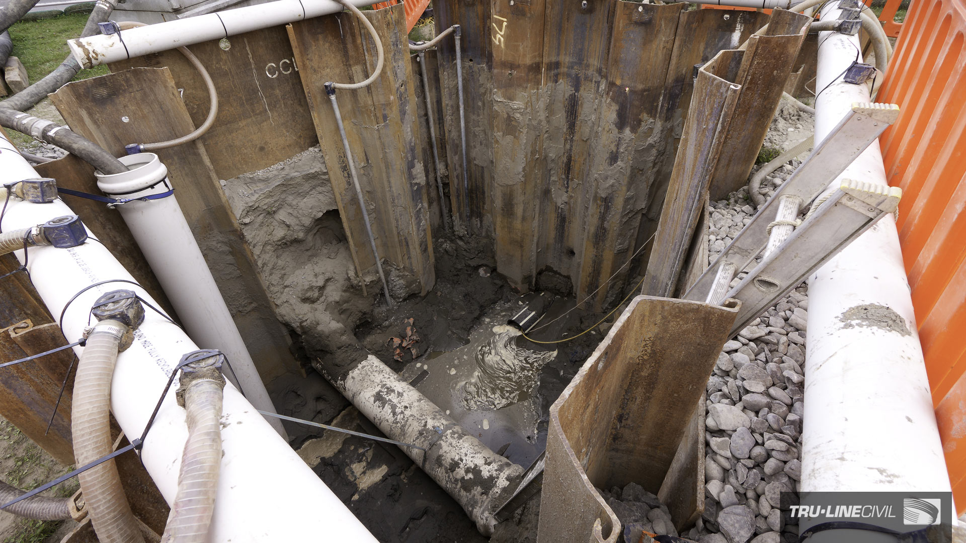 The 5m entry pit, Horizontal Directional Drilling, Tru-Line Civil, documentary photography, Parklands West, Christchurch, New Zealand, Gravity Wastewater Replacement, HDD