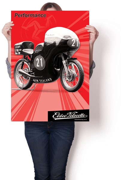 Dynamic Eldee Velocette “Performance” Isle of Man Classic T.T. poster. Poster design and print, Christchurch, New Zealand.
