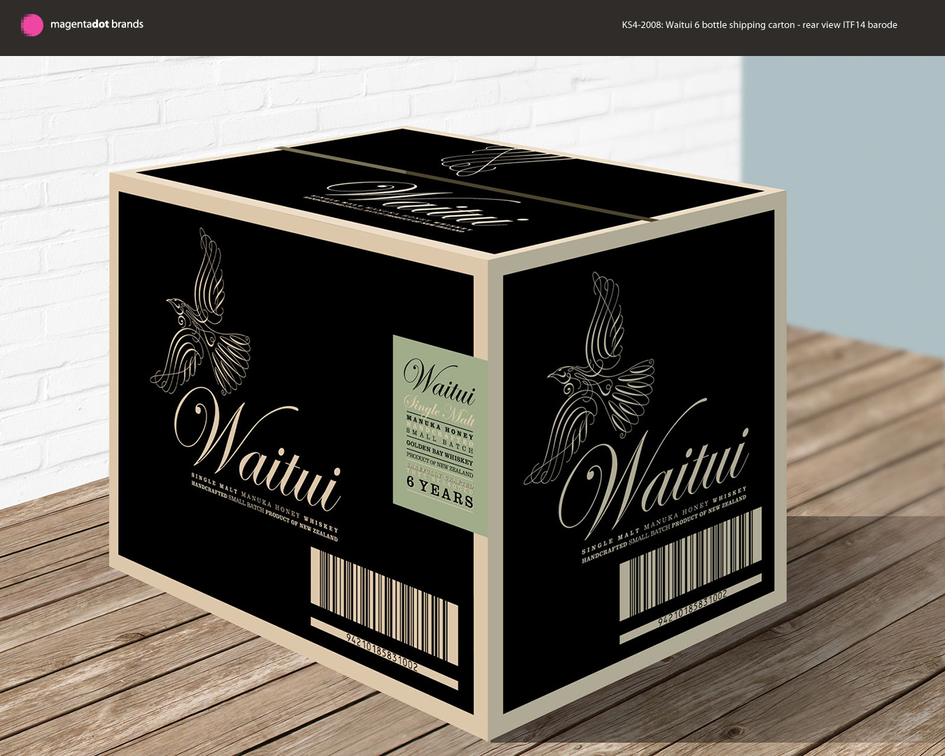 Draft design for 6 bottle shipping carton. Rear view. Packaging.