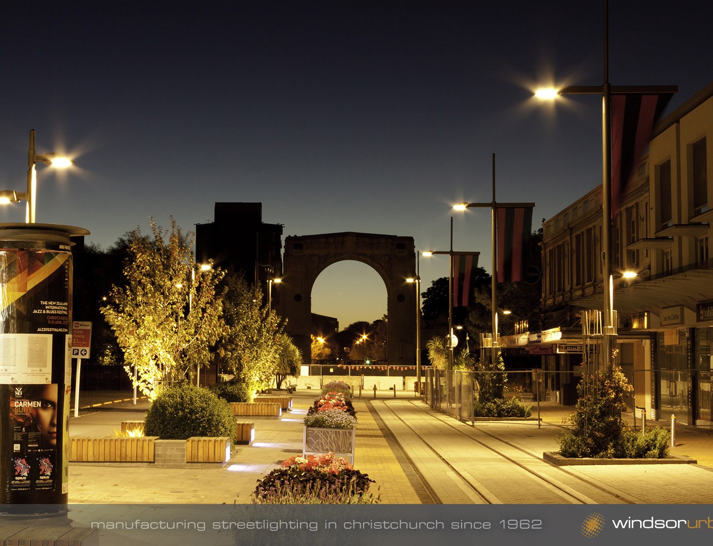 Cashel Street, Pop-up Mall, night photography, post earthquake, illuminated at night by WindsorUrban luminaires and lighting poles. Photo shot for WindsorUrban website redesign and rebrand project.