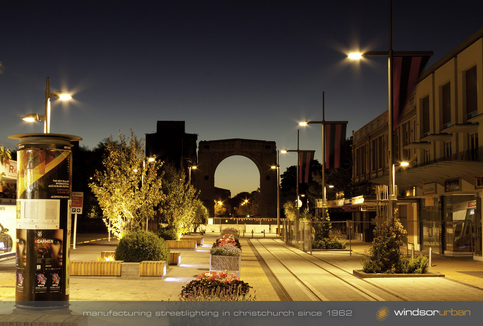 Cashel Street, Pop-up Mall, night photography, post earthquake, illuminated at night by WindsorUrban luminaires and lighting poles. Photo shot for WindsorUrban website redesign and rebrand project.