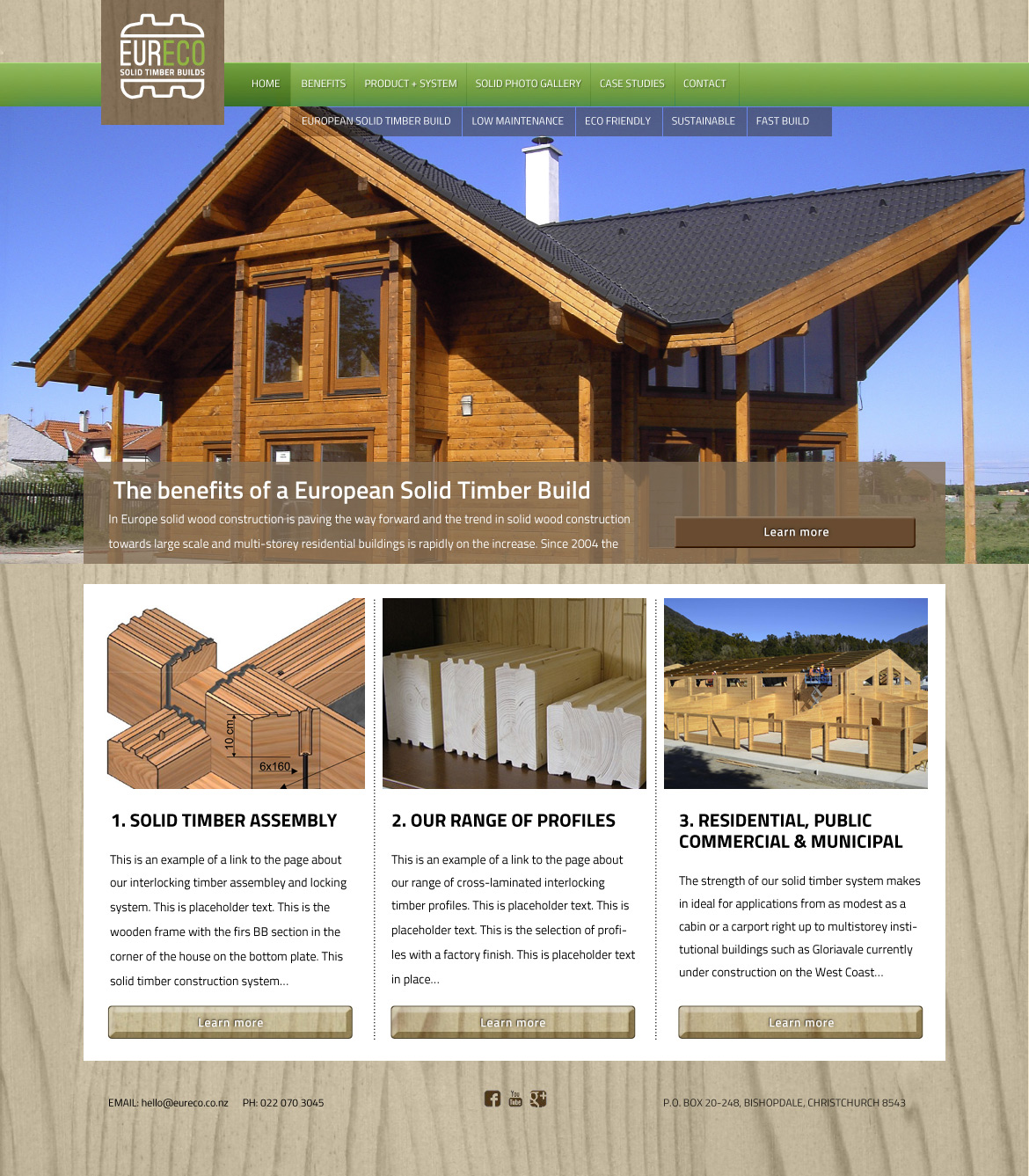 Home alt. 01a—Woodgrain background total wallpaper effect. Banner slide: “The benefits of a European solid timber build ”.