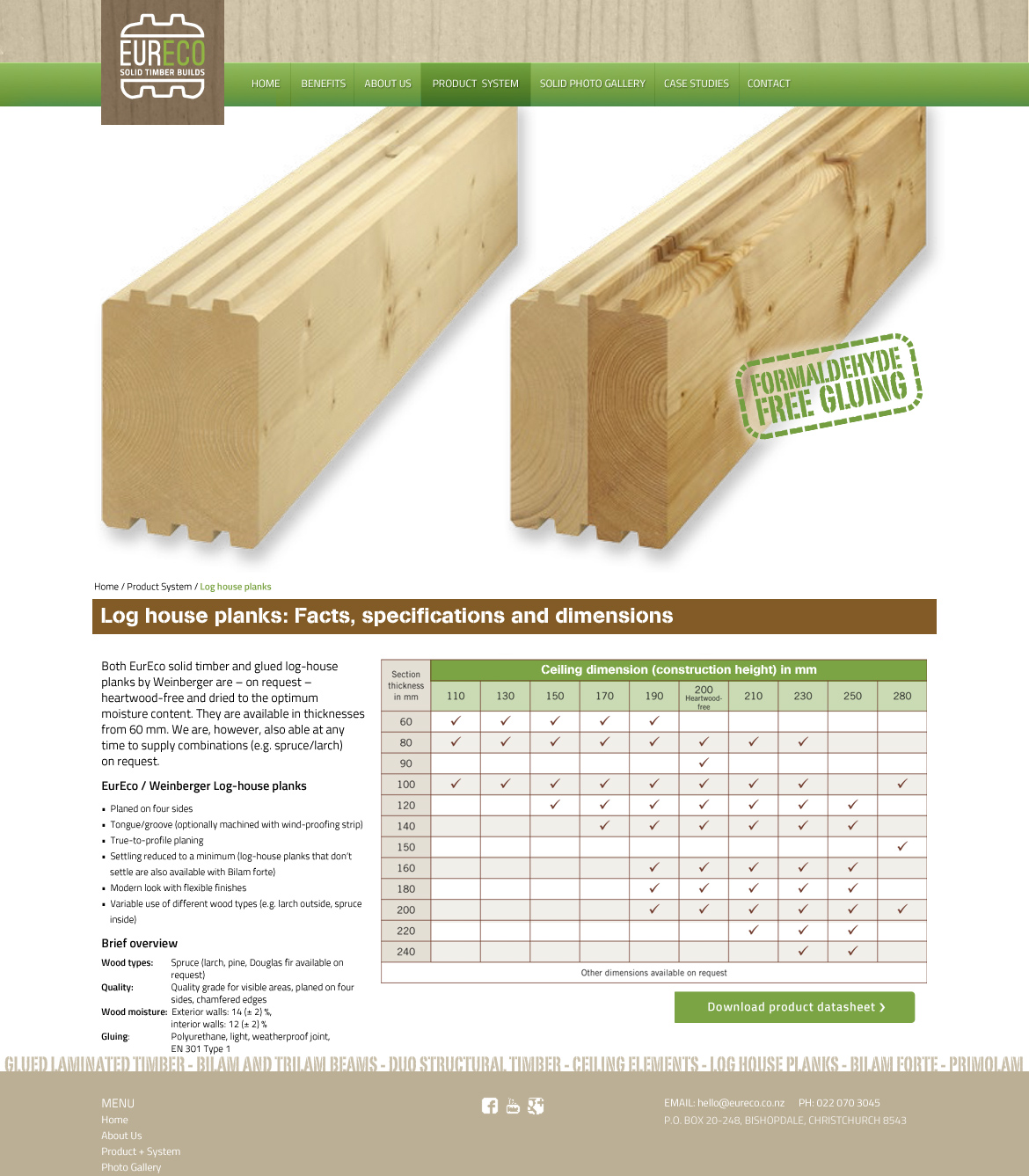 Product item or catalogue item page—Stencil style alt. - “Log-house planks: facts, specifications and dimensions.” item page showing clrx product shot and a DRAFT table of available dimensions.