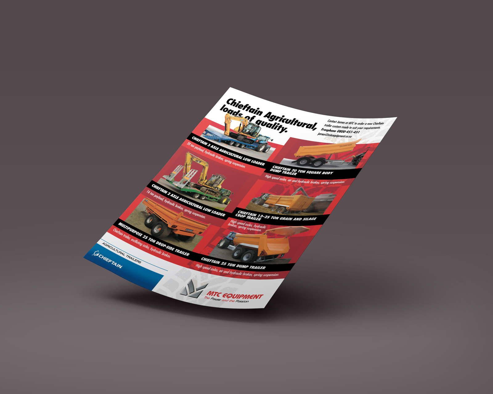 First draft of 2-sided MTC A4 flyer, featuring used commercial and agricultural trailers. Printed full colour both sides of the sheet. An insert into the Ag Trader monthly magazine.
