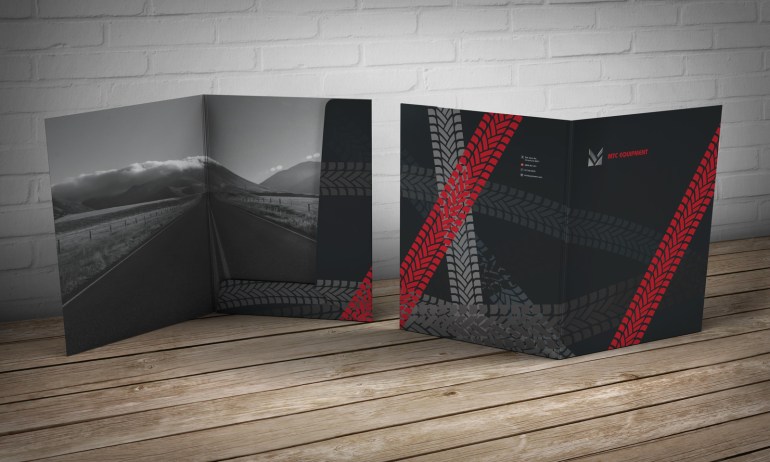 MTC presentation folder for holding loose sales documents and papers together to organize and protect them. Printed in full colour on both sides of heavy card stock, matt laminated and spot overglossed, folded in half with pockets. Used as a tool for business presentations to customers to aid in the sales process.