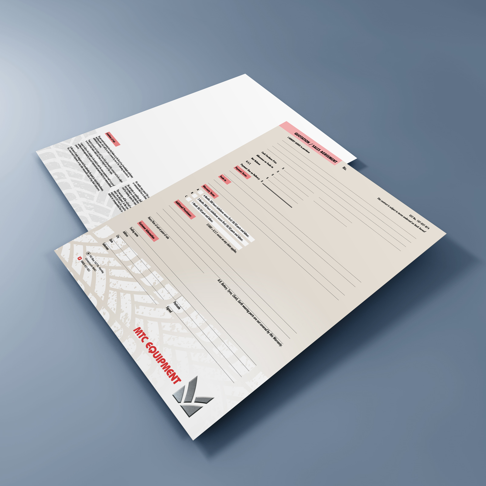 MTC Equipment Quotation / Sales Agreement form, printed full colour both front and back.