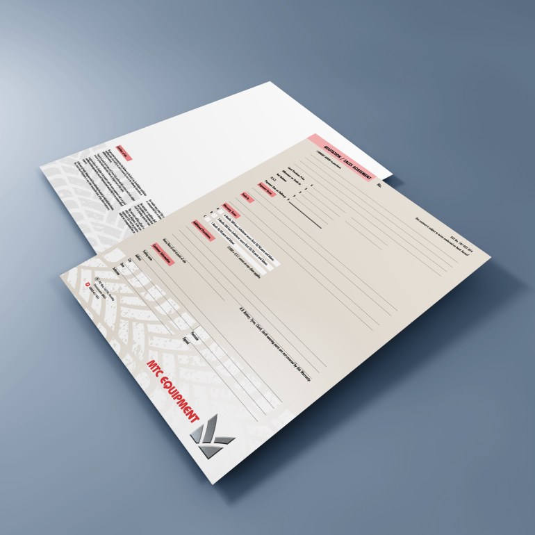 MTC Equipment Quotation / Sales Agreement form, printed full colour both front and back.