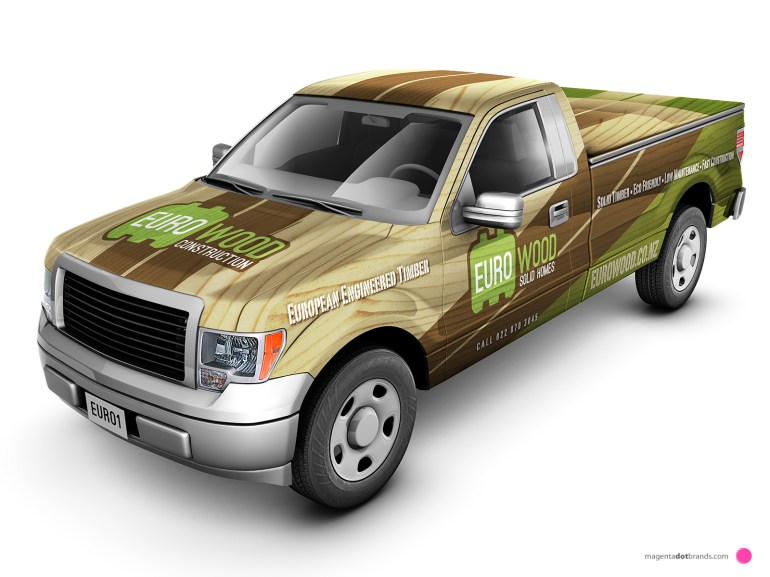 Euro-Wood Ford pickup branded vehicle wrap. Front threequarter view.