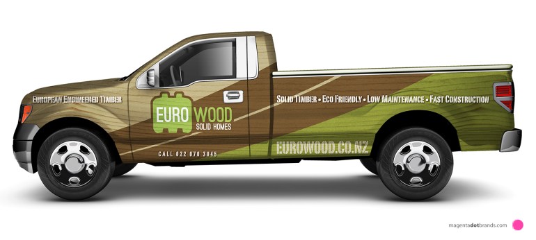 Euro-Wood Ford pickup branded vehicle wrap. Side elevation.
