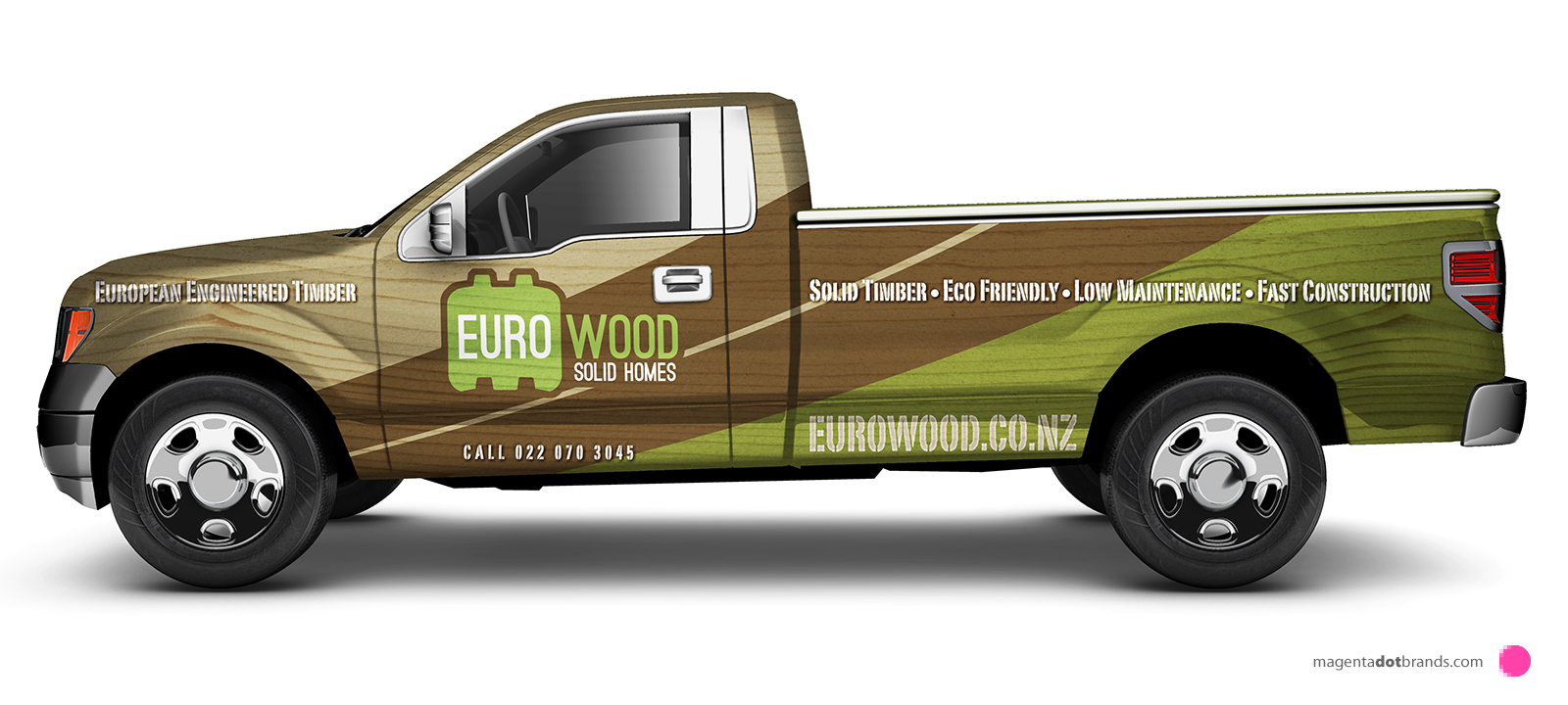 Euro-Wood Ford pickup branded vehicle wrap. Side elevation.