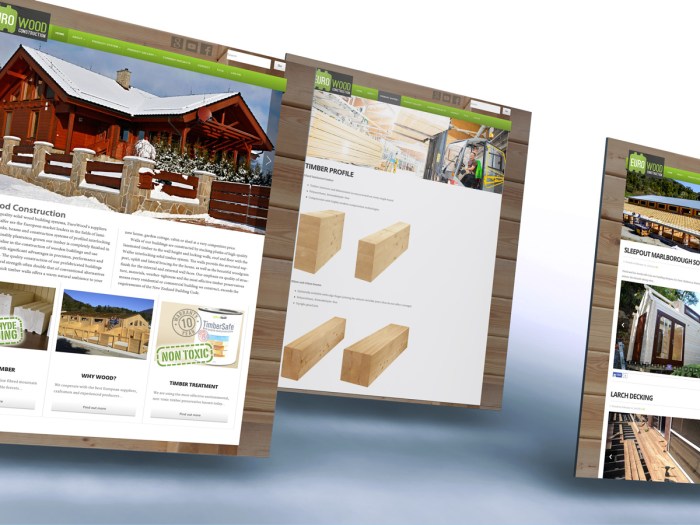 Eurowood website showcase mockup displaying 3 different site page templates, the homepage, a product catalogue item page and the current projects news / blog page.