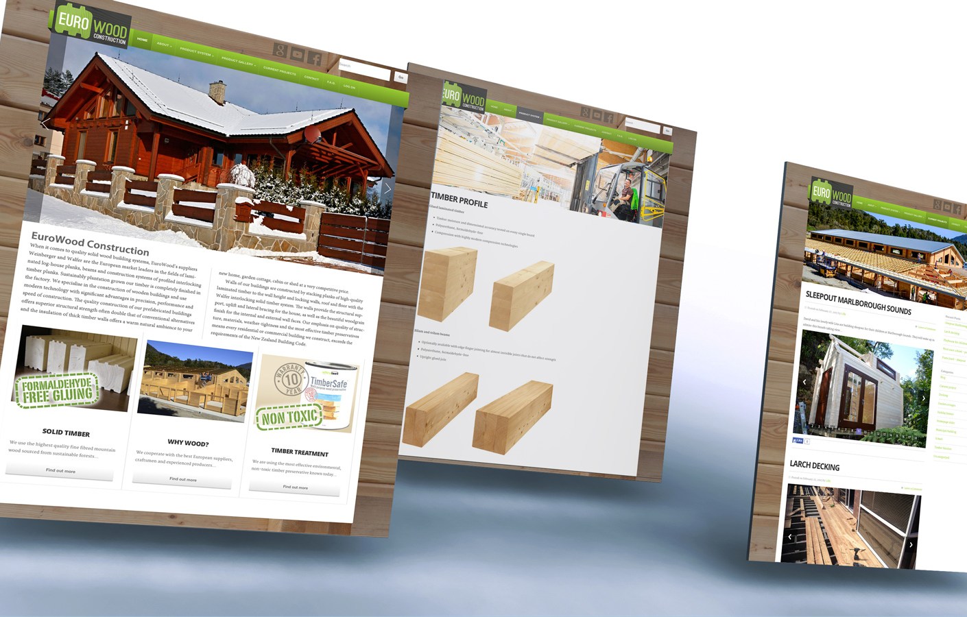 Eurowood website showcase mockup displaying 3 different site page templates, the homepage, a product catalogue item page and the current projects news / blog page.